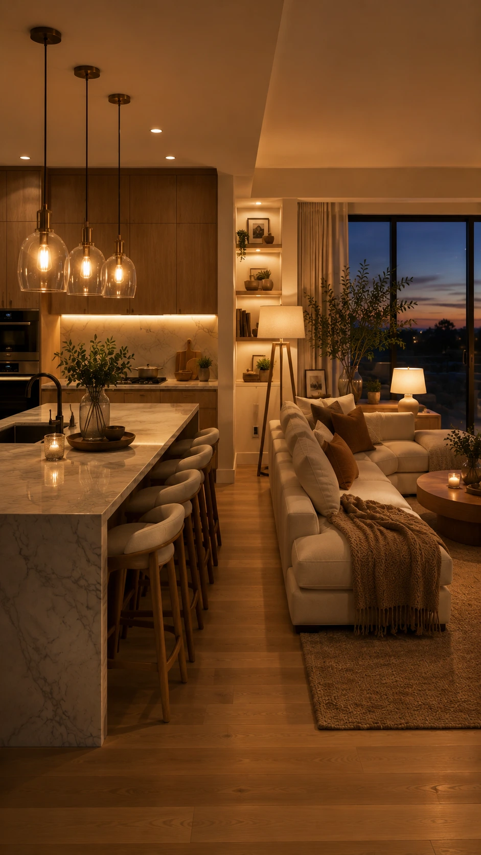 open plan kitchen living room with warm layered lighting, pendant lights over island and soft lamps in lounge