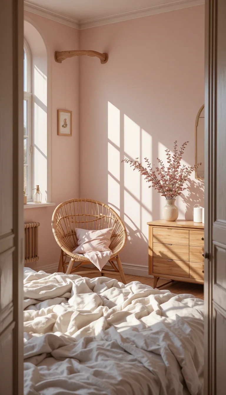 Mix Pink with Earthy Textures (Wood, Linen, Rattan)