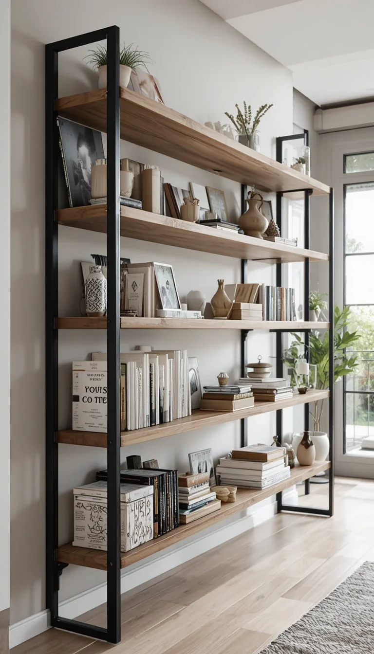 Mix Metal Frames Into Wood Shelving