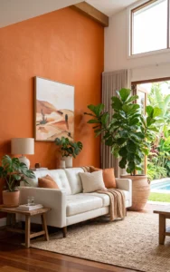 Persimmon Behind a White Leather Sofa