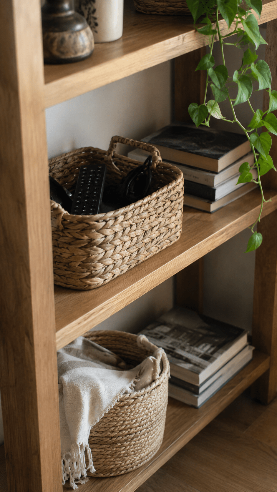 woven basket on a wood living room shelf adding natural texture and hidden storage