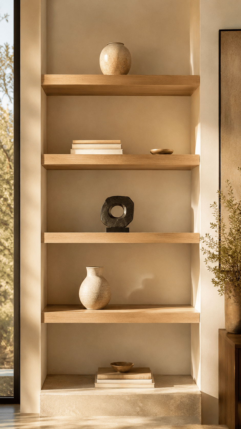 minimally styled open living room shelves with breathing room between objects