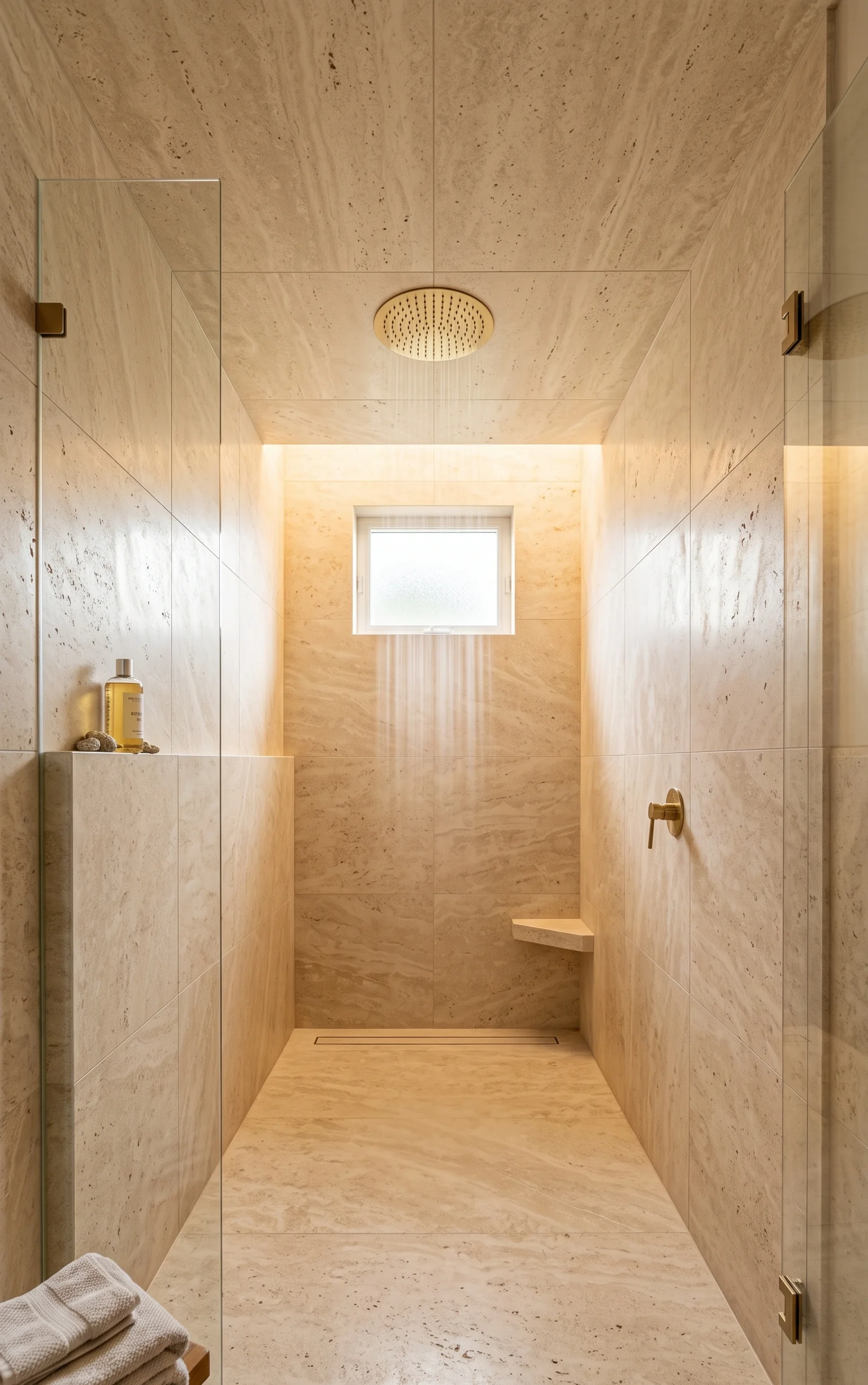 Floor-to-Ceiling Travertine Showers