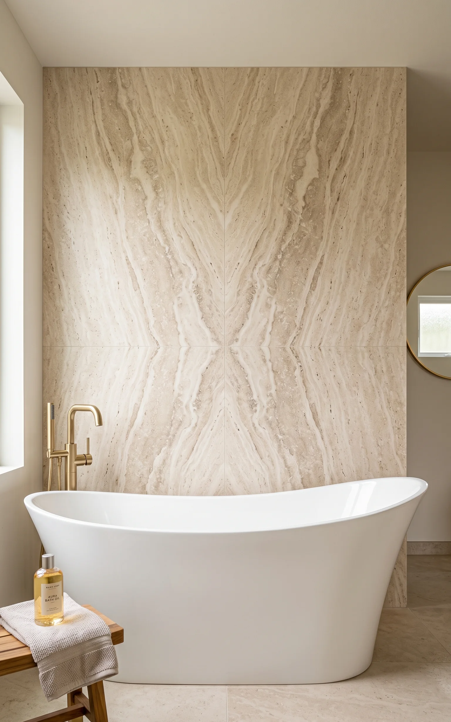 Travertine Accent Wall Behind a Freestanding Tub