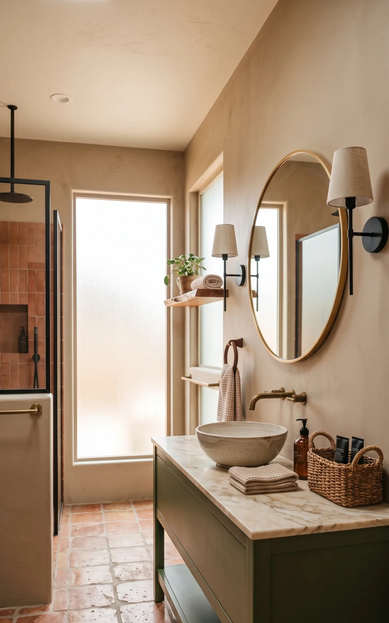 Olive Green Vanity With Warm Wood