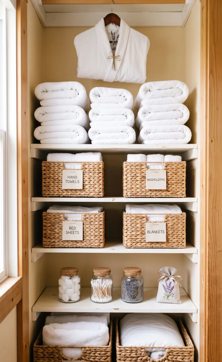 19 Chic Narrow Linen Closet Organization Ideas (Small Closet, Spa Energy)